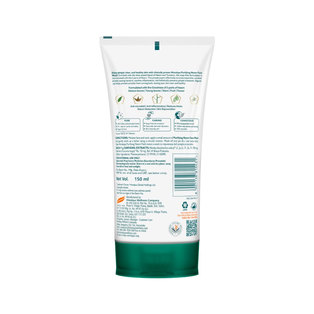 Himalaya Purifying Neem Face Wash|Clears and Prevents Pimples & Acne|Made with 5 parts of Neem|New & Best Ever clinically Proven formula |For men and women|150 ml