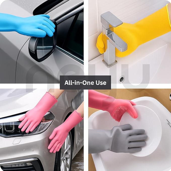 Silicone Gloves Reusable Rubber Dishwashing Kitchen Scrubber for Pet Grooming Washing Dishes Bathroom Car Multicolour)