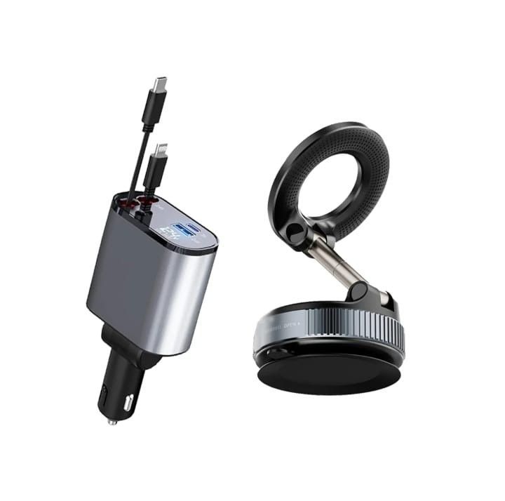 Retractable car charger + magnetic mobile holder