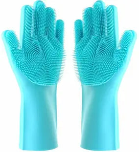 Silicone Gloves Reusable Rubber Dishwashing Kitchen Scrubber for Pet Grooming Washing Dishes Bathroom Car Multicolour)